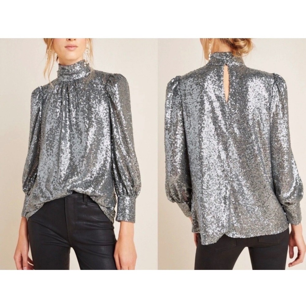 Sunday in Brooklyn Silver Sequin‎ Holiday NYE Mock Neck Puffed Sleeve Blouse Xs